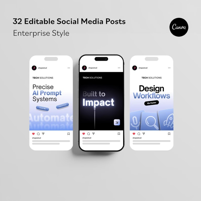 Enterprise Style & Software Tech Social Media Posts | Canva Free Editable Templates | 32 Professional Tech Social Media Templates Digital Download