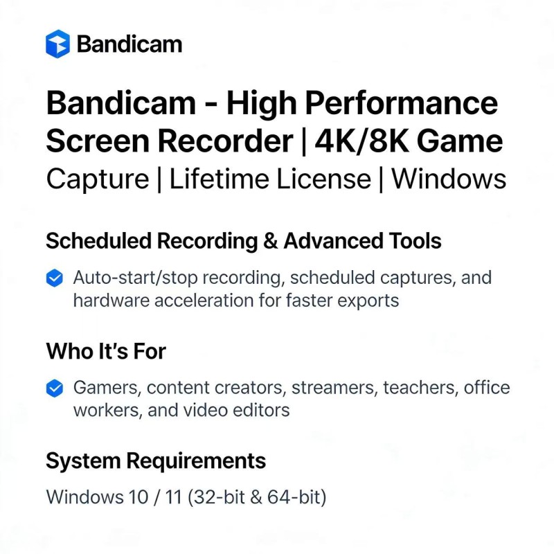 Bandicam - High Performance Screen Recorder | 4K/8K Game Capture | Lifetime License | Windows