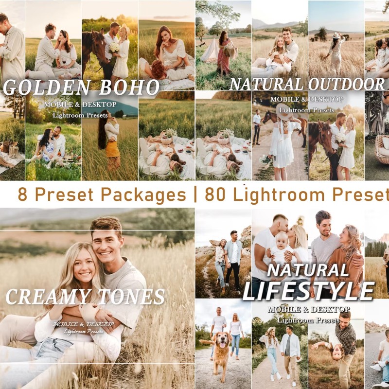 80 Natural LIGHTROOM Presets, Spring Outdoor Preset, Creamy Preset, Bohemian Preset, Warm Light Filter, Mobile Preset, Bright Desktop Preset