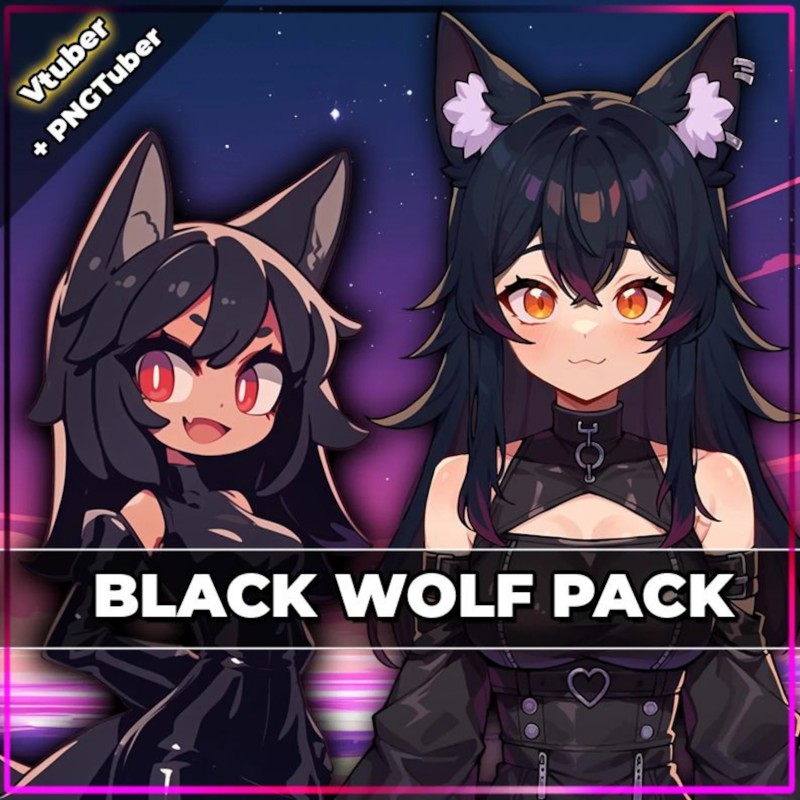 Black Wolf Girl Vtuber Model: Fully Rigged, Customizable (PNGTuber)