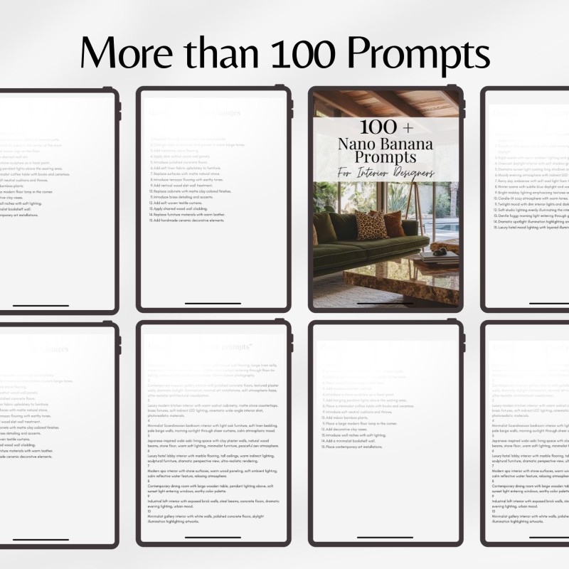 Nano Banana Prompts For Interior Designers, Interior Design AI Prompts, Rendering AI Prompts, Home Decor Templates PDF, Prompts For Interior