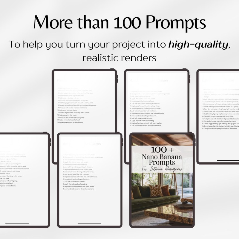 Nano Banana Prompts For Interior Designers, Interior Design AI Prompts, Rendering AI Prompts, Home Decor Templates PDF, Prompts For Interior